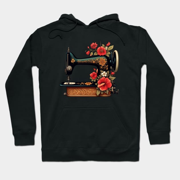 Vintage Sewing Machine With Retro Floral Flowers Hoodie by MetaBrush